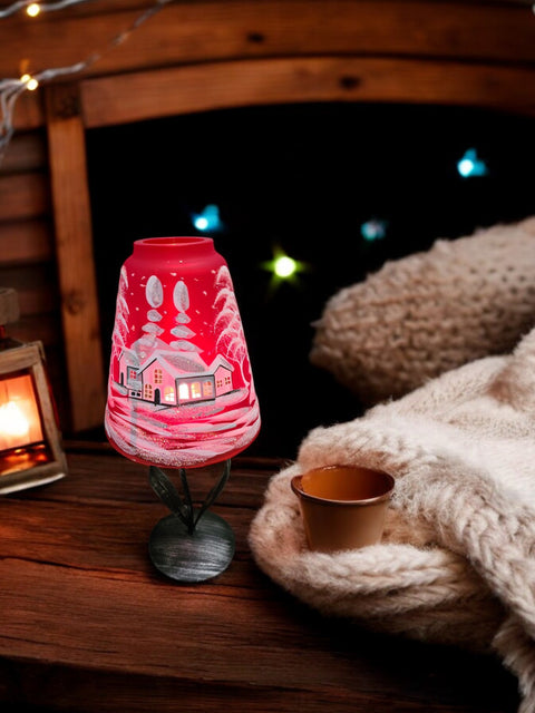 Red Glass Lamp Candle Holder  - White Cabins