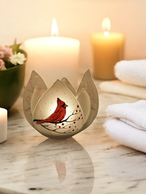 Frosted Glass Lotus Blossom Candle Holder - Red Cardinal