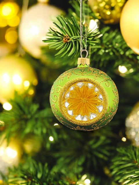 Green Blown Glass Ornament - Green & Gold - Refractor