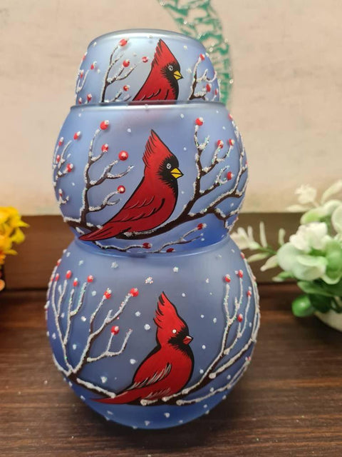 Light Blue Glass Candle Holder - Red Cardinal- Multiple Sizes