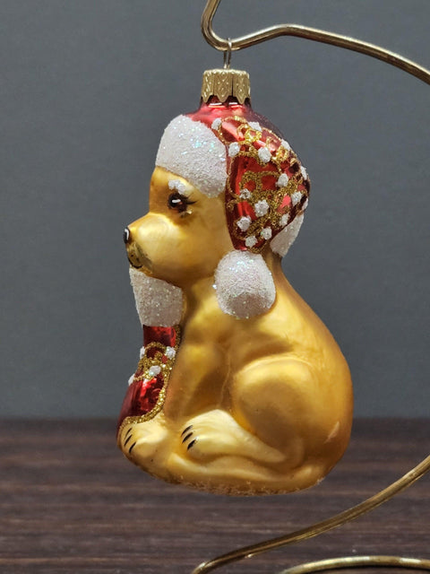 Hand Decorated Glass Keepsake Ornament - Charming Dog w Stocking Design