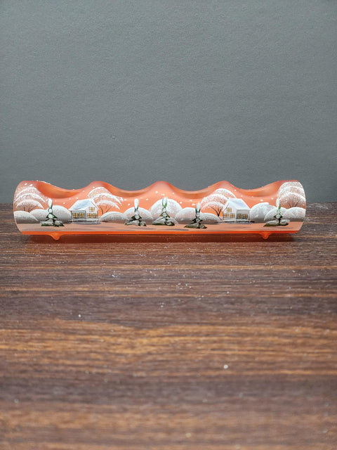 Orange Glass Quad Candle Holder - White Church Yule Log Style