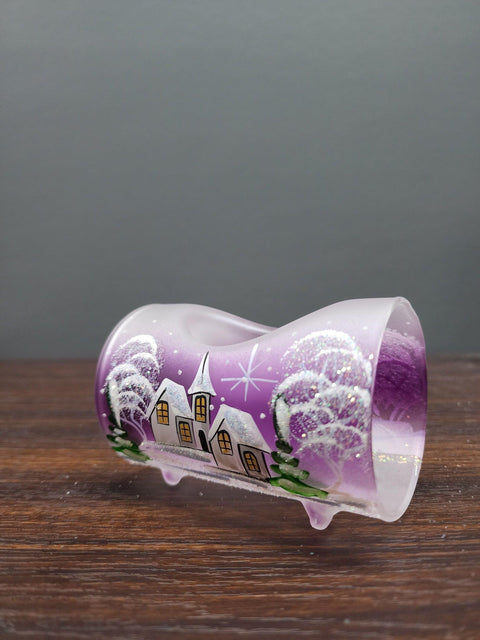 Purple Glass Single Candle Holder - White Church Yule Log Style