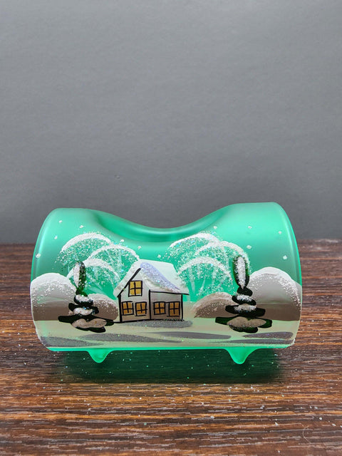 Green Glass Single  Candle Holder - White Church Yule Log Style