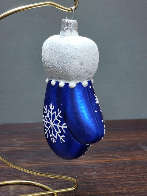 Hand Decorated Glass Keepsake Ornament - Charming Large Blue Mitten Design