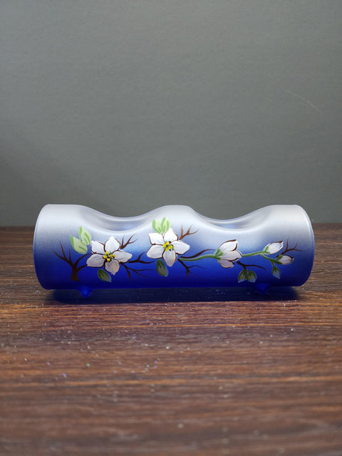 Blue Glass Double Candle Holder - Dogwood Flower Yule Log Style