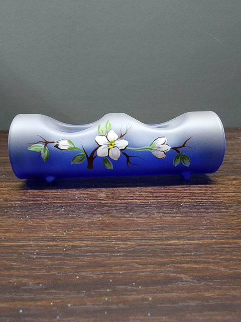 Blue Glass Double Candle Holder - Dogwood Flower Yule Log Style