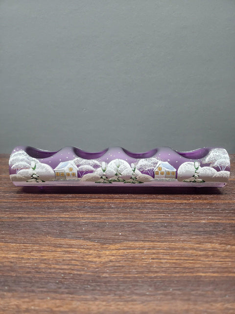 Purple Glass Quad Candle Holder - White Church  Yule Log Style