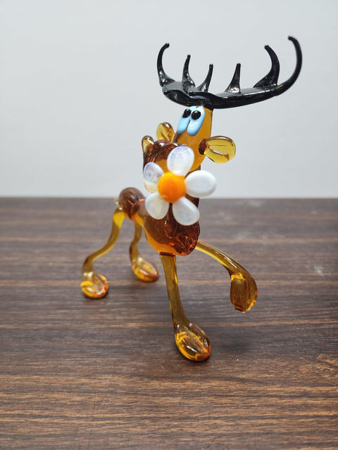 Glass Moose With Daisy Figurine, Handmade Murano Quality Design - Large