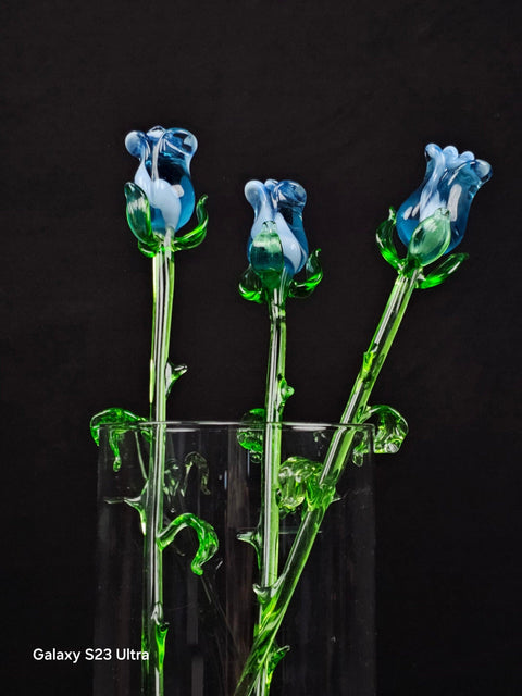 Light Blue Glass Rose- Handcrafted Long Stem Flower