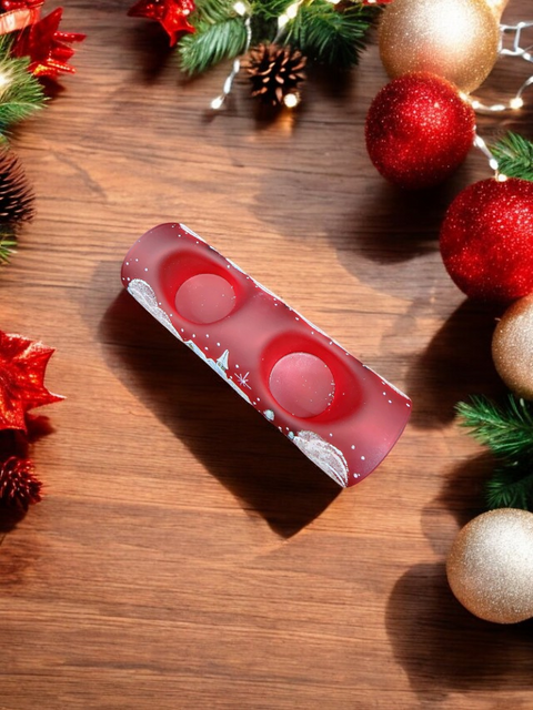 Red Glass Double Candle Holder - White Church Yule Log Style